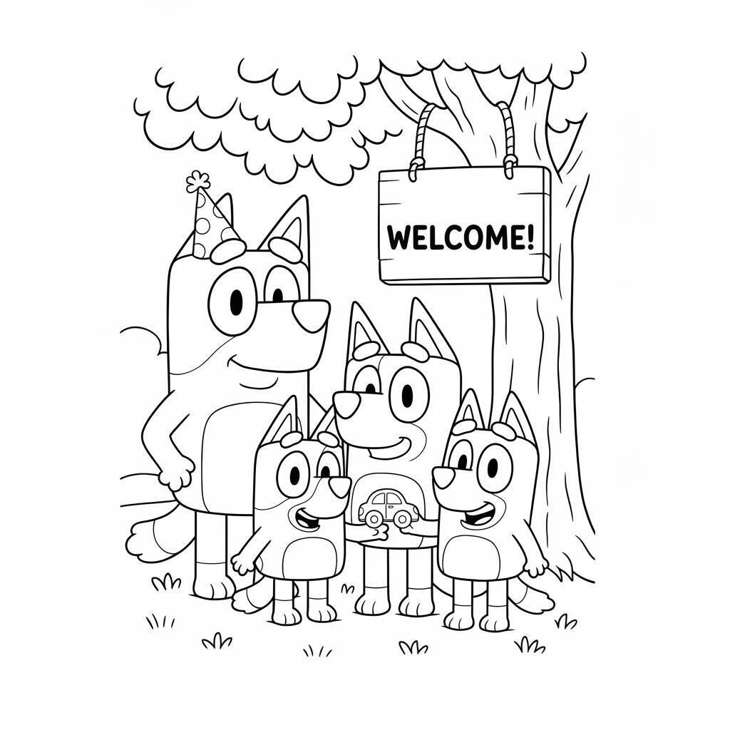 Imagem para colorir da Bluey com sua família em uma festa de boas-vindas.