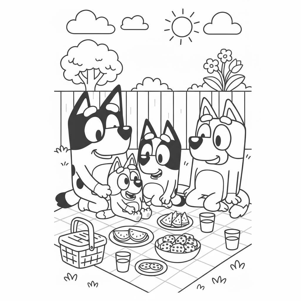 Imagem para colorir da Bluey e sua família em um piquenique no jardim.