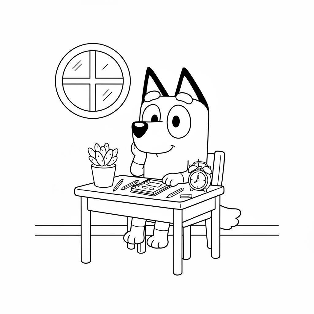 Imagem de Bluey sentada à mesa com materiais de estudo para colorir.