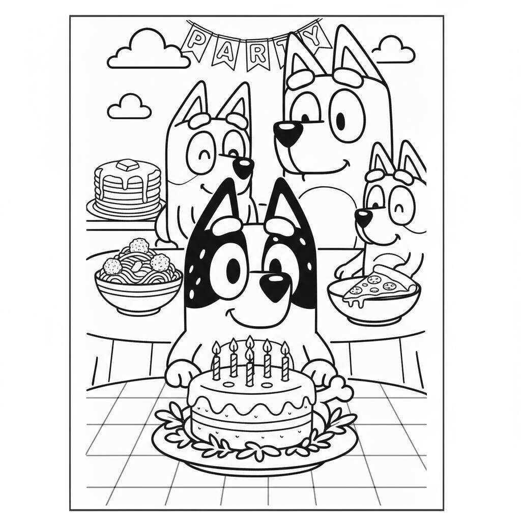Imagem para colorir da Bluey com bolo de aniversário e família