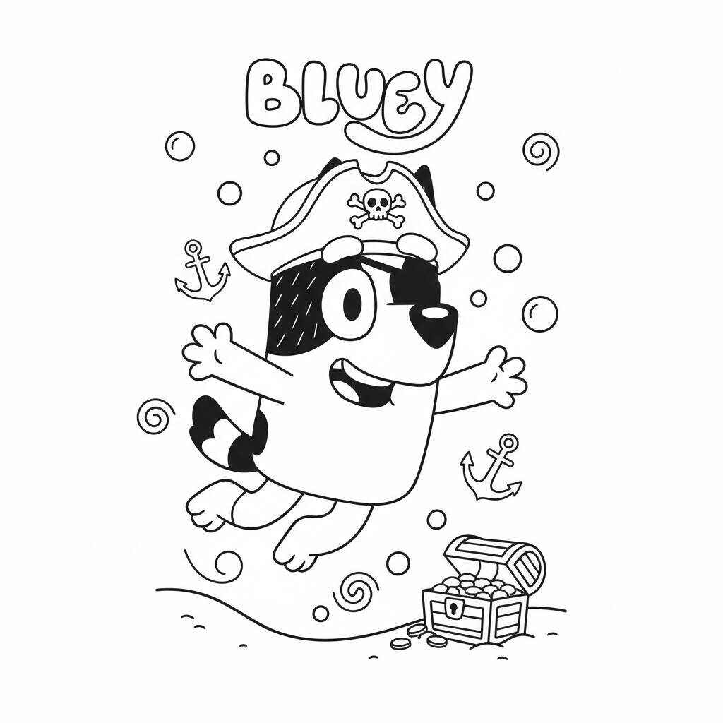 Imagem para colorir da Bluey vestida de pirata com um baú de tesouro.