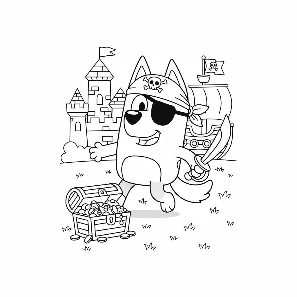 Imagem para colorir da Bluey vestida de pirata com um baú de tesouro e um castelo ao fundo