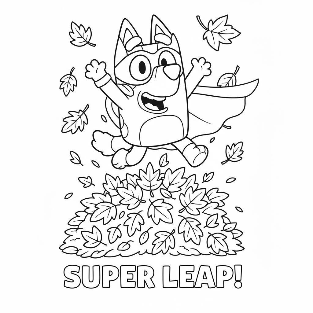 Bluey pulando em uma pilha de folhas com capa de super-herói.