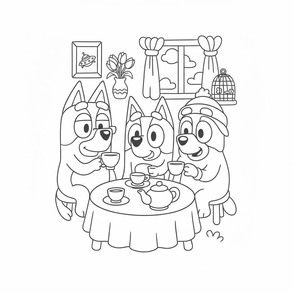 Imagem de Bluey e amigos tomando chá para colorir