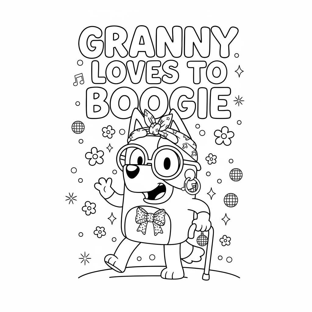 Imagem de Bluey vestida de avó dançando para colorir