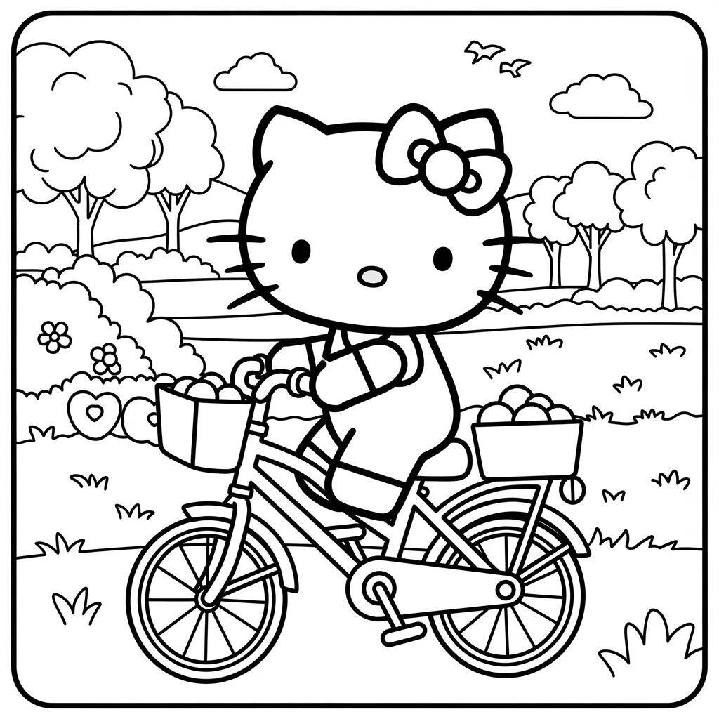Hello Kitty andando de bicicleta em um parque com árvores ao fundo.