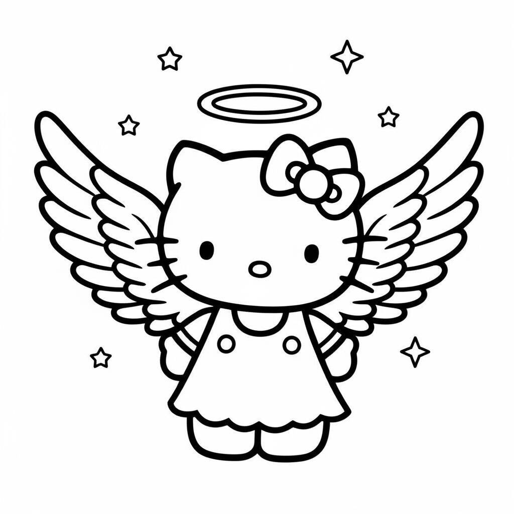 Imagem para colorir da Hello Kitty com asas de anjo e auréola