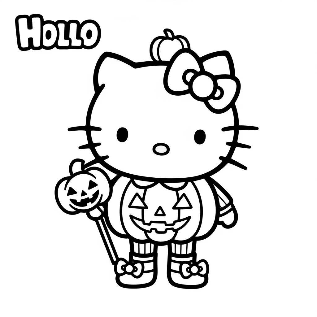 Hello Kitty segurando uma abóbora de Halloween para colorir