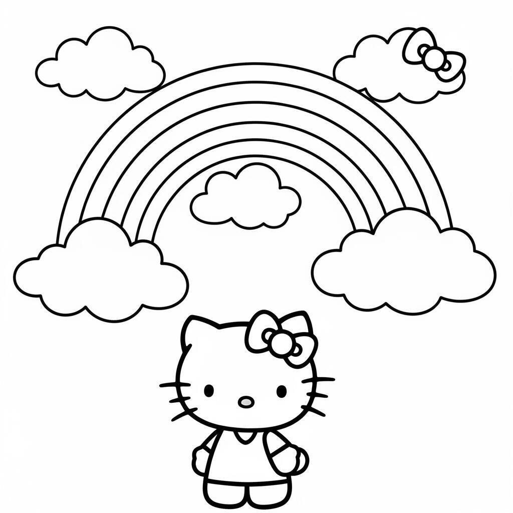 Hello Kitty embaixo de um arco-íris com nuvens para colorir