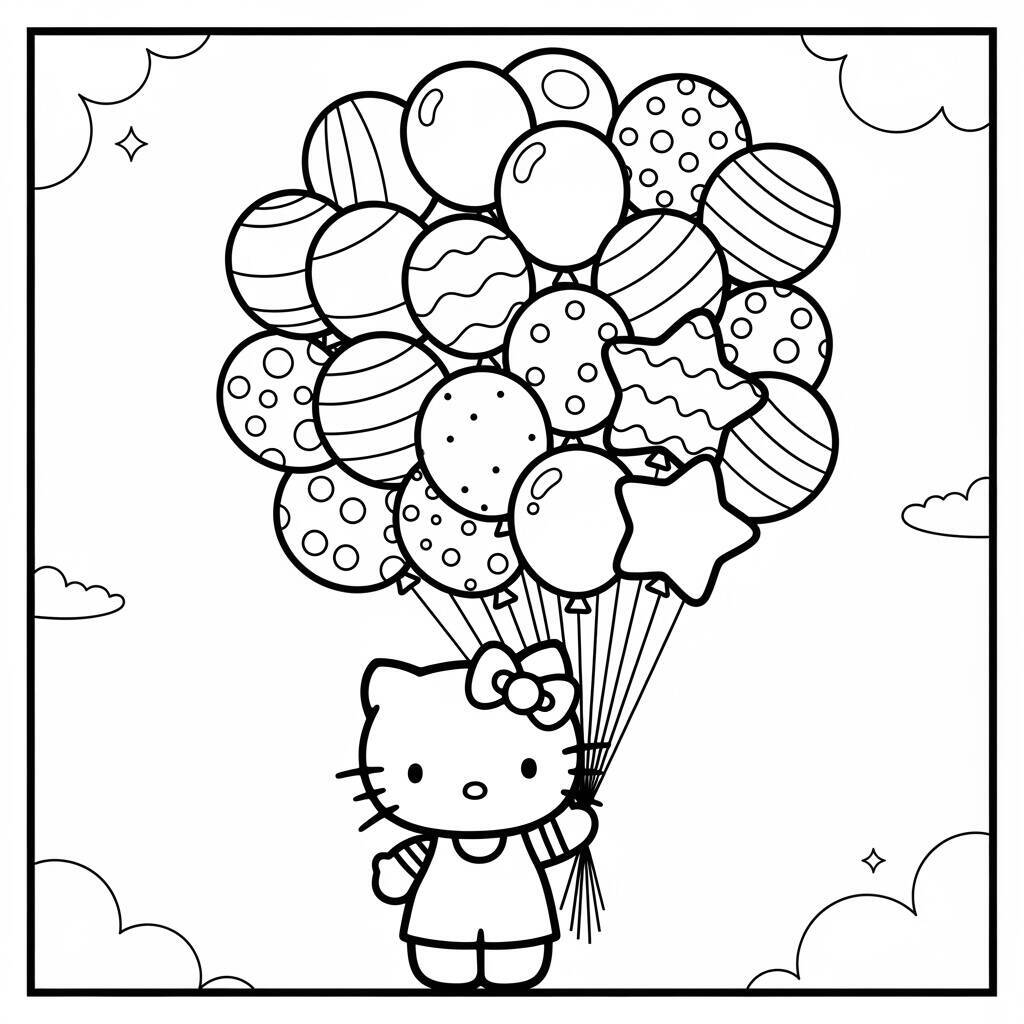 Hello Kitty segurando muitos balões em um céu com nuvens.