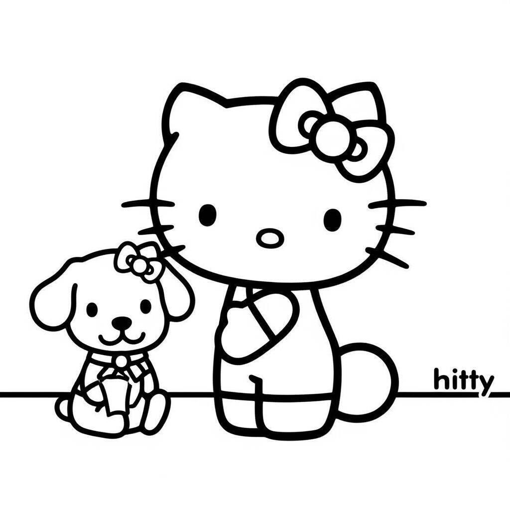 Imagem de Hello Kitty ao lado de um cachorrinho para colorir.