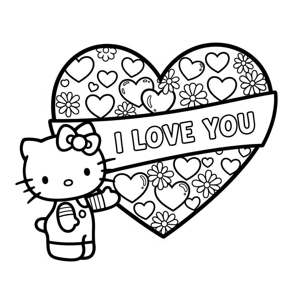 Hello Kitty segurando um coração com a frase 'I Love You' para colorir