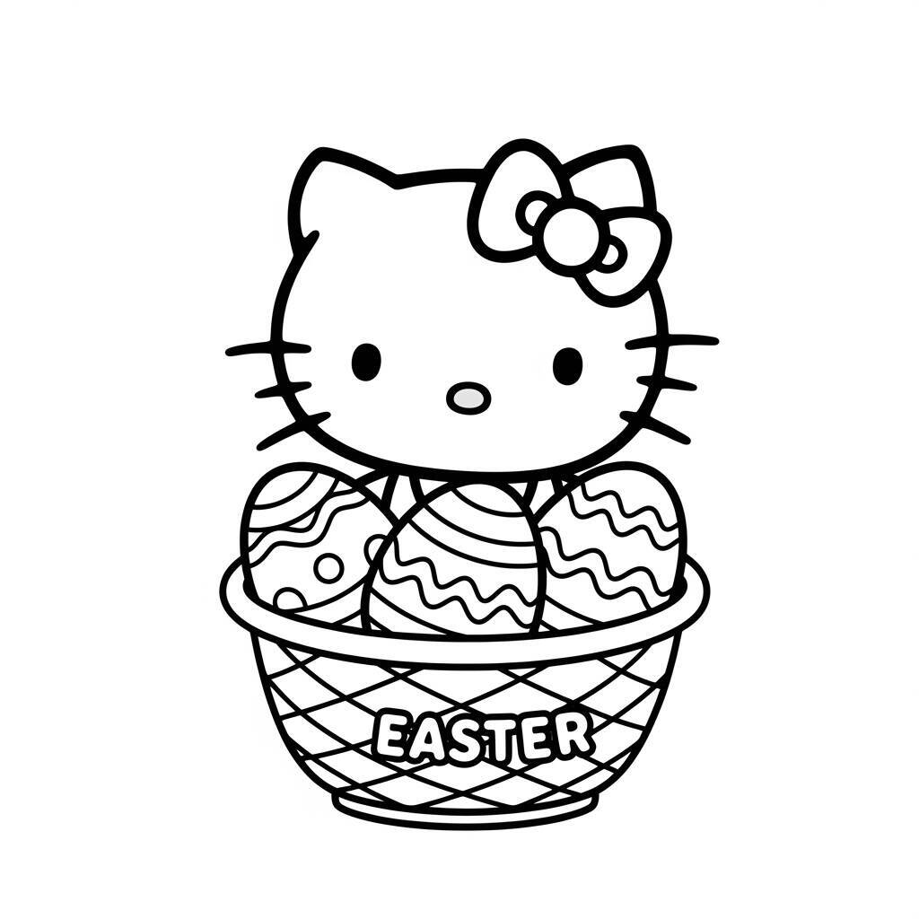 Hello Kitty com ovos de Páscoa em uma cesta para colorir