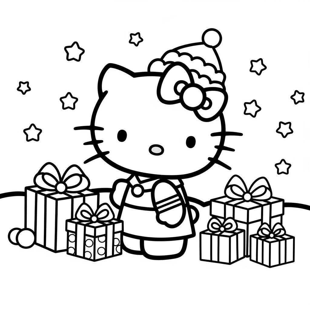 Hello Kitty cercada por presentes de Natal para colorir