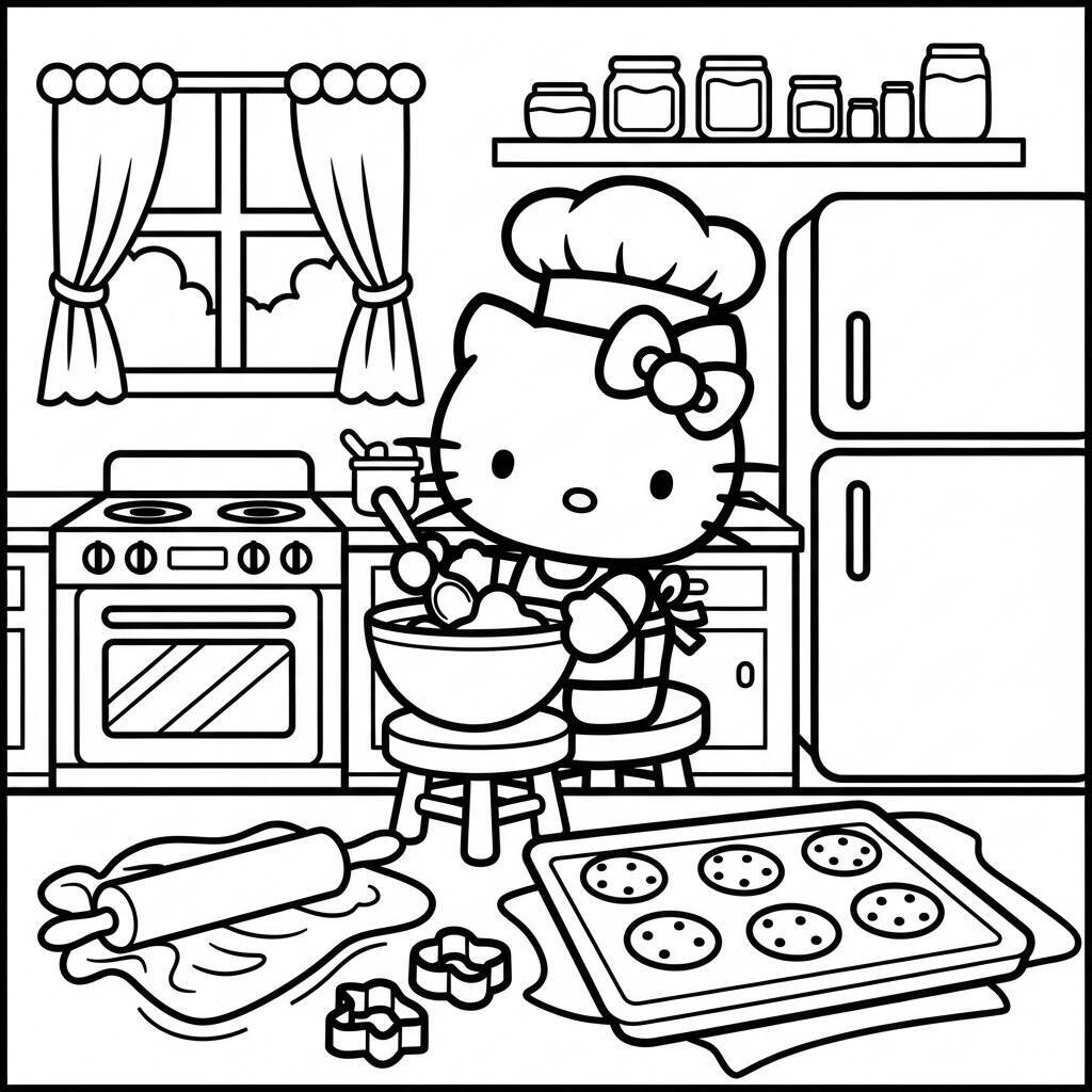 Hello Kitty na cozinha preparando biscoitos para colorir
