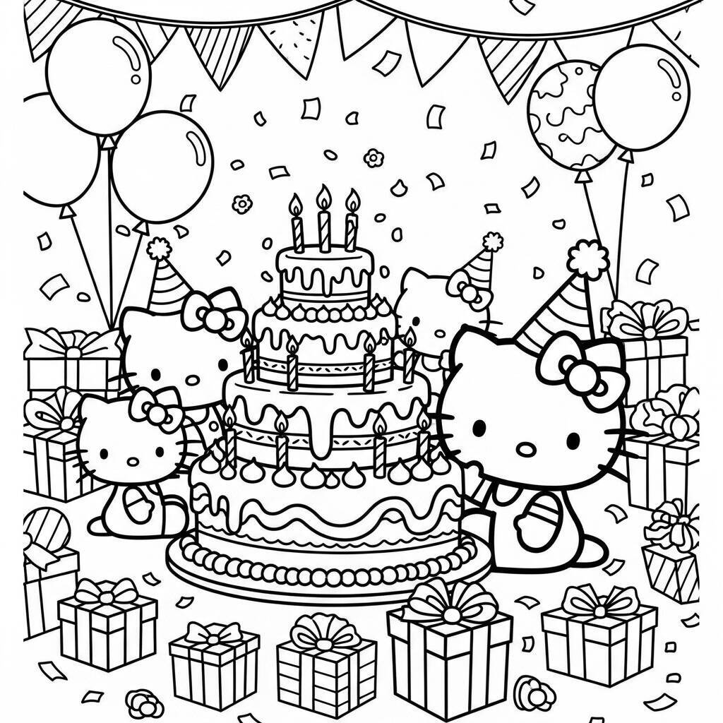 Hello Kitty em uma festa de aniversário com bolo e presentes para colorir