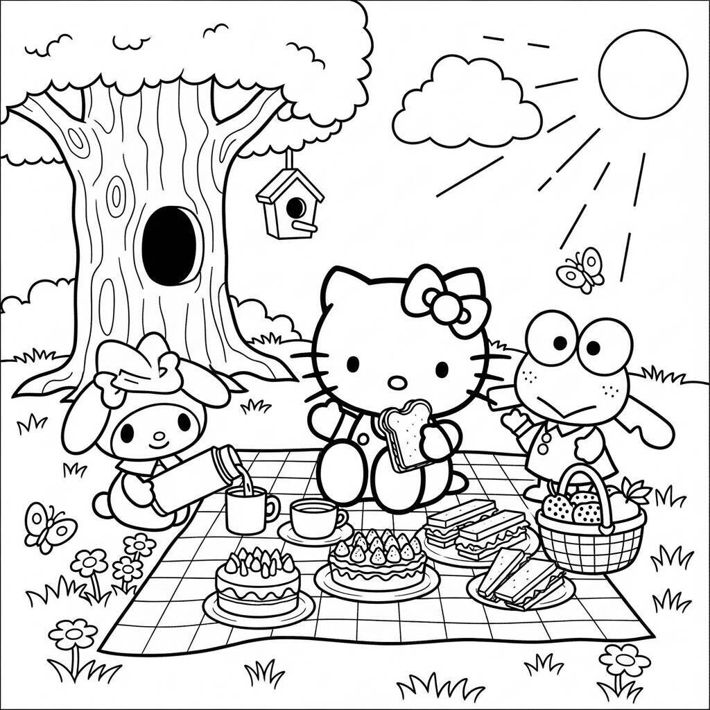Hello Kitty em um piquenique com amigos sob uma árvore.