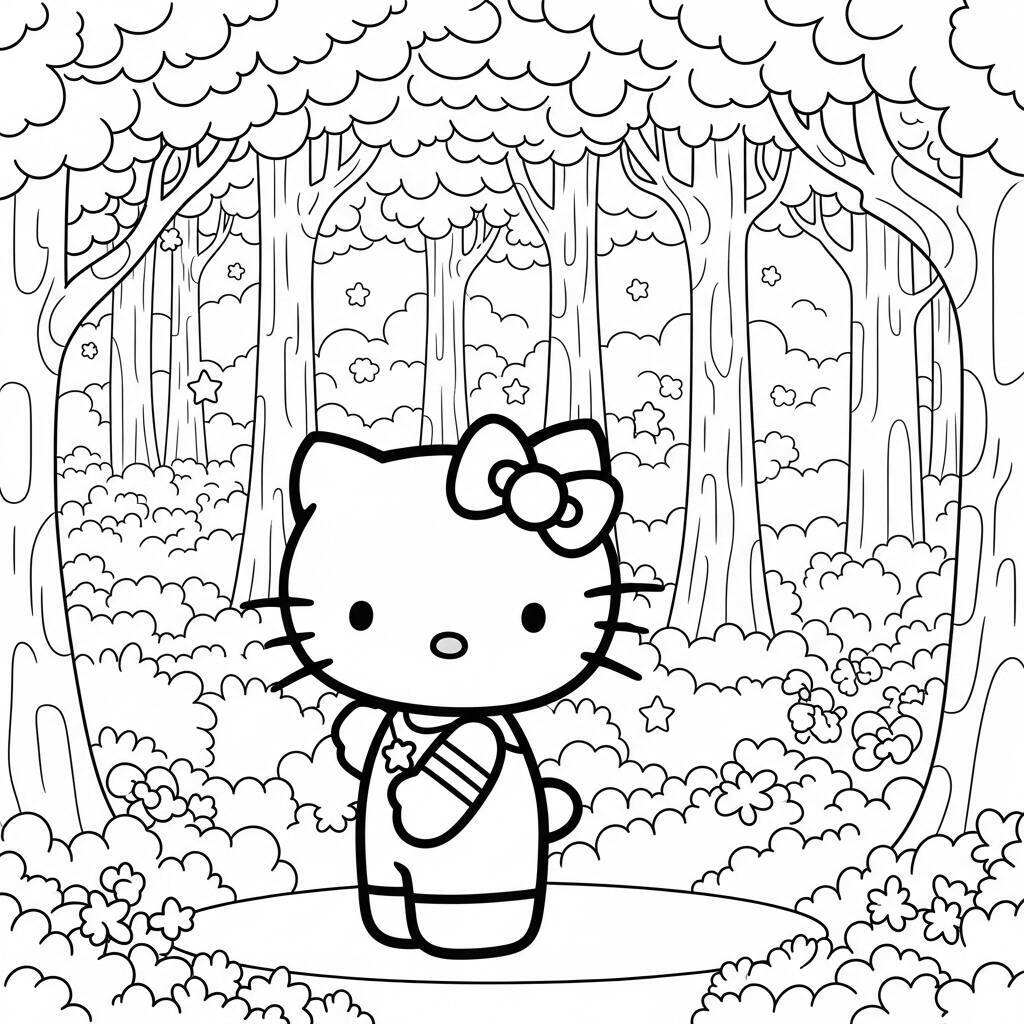 Imagem para colorir da Hello Kitty em uma floresta.
