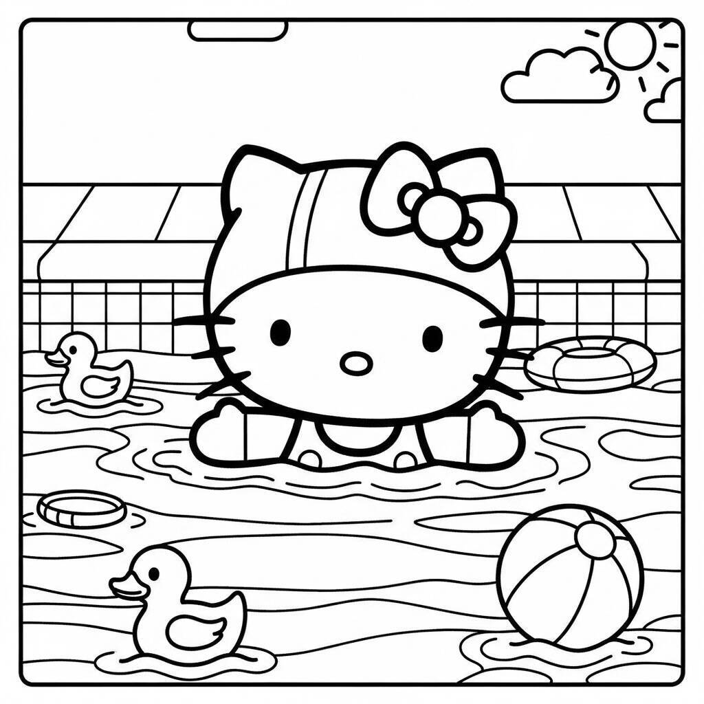 Hello Kitty na piscina com patinhos de borracha e bola de praia.