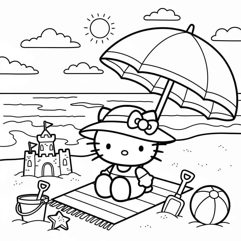 Hello Kitty sentada na praia com um guarda-sol e castelo de areia ao fundo.
