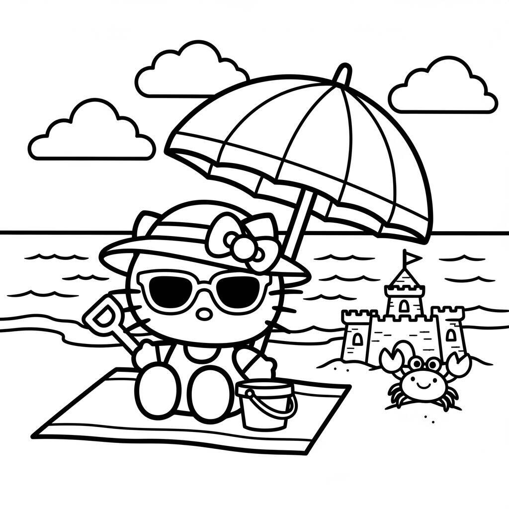 Hello Kitty na praia com guarda-sol, balde e pá para colorir.