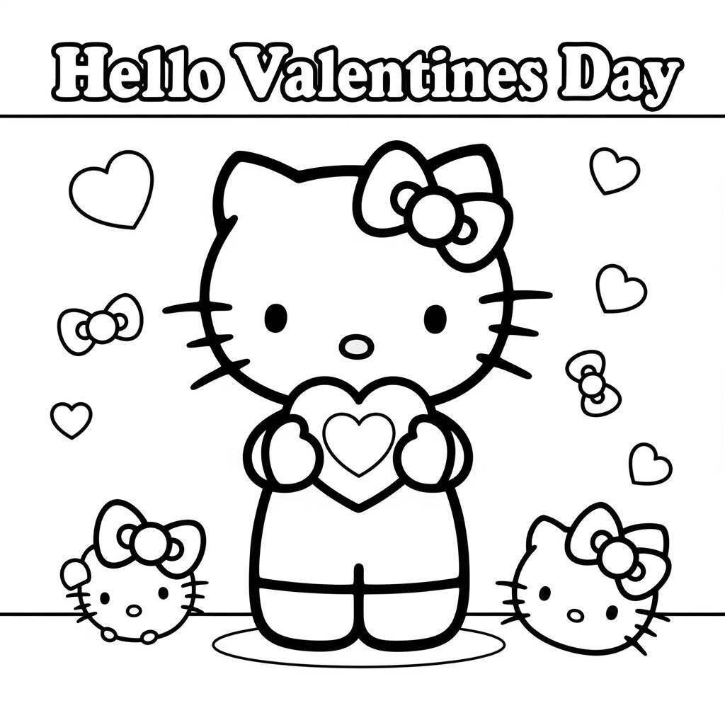 Hello Kitty segurando um coração com tema de Dia dos Namorados para colorir