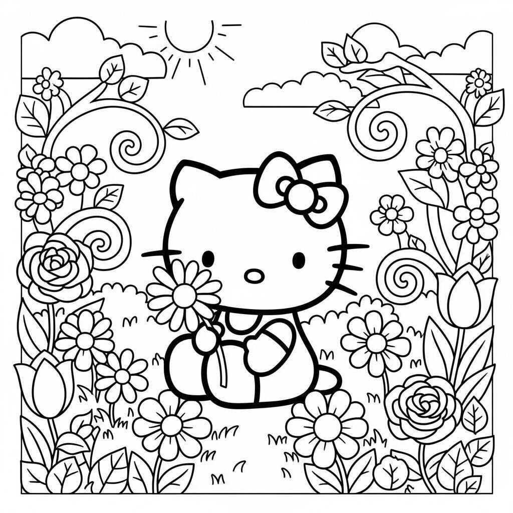 Hello Kitty segurando uma flor em um jardim florido para colorir.