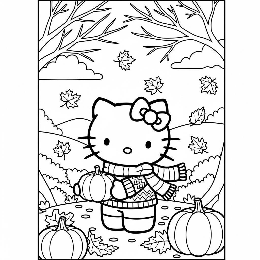 Hello Kitty segurando uma abóbora em um cenário de outono para colorir