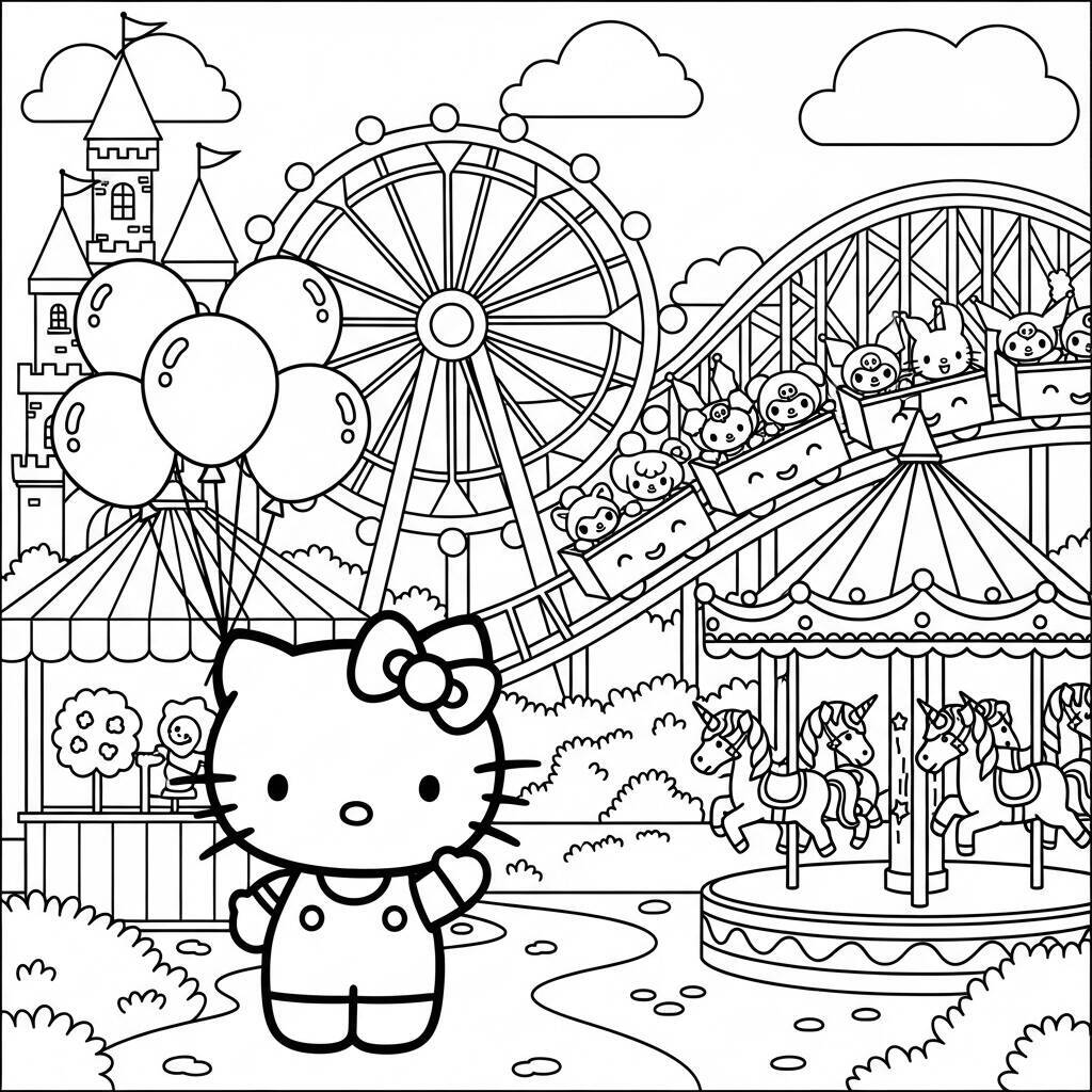 Hello Kitty segurando balões em um parque de diversões com roda-gigante e carrossel ao fundo.