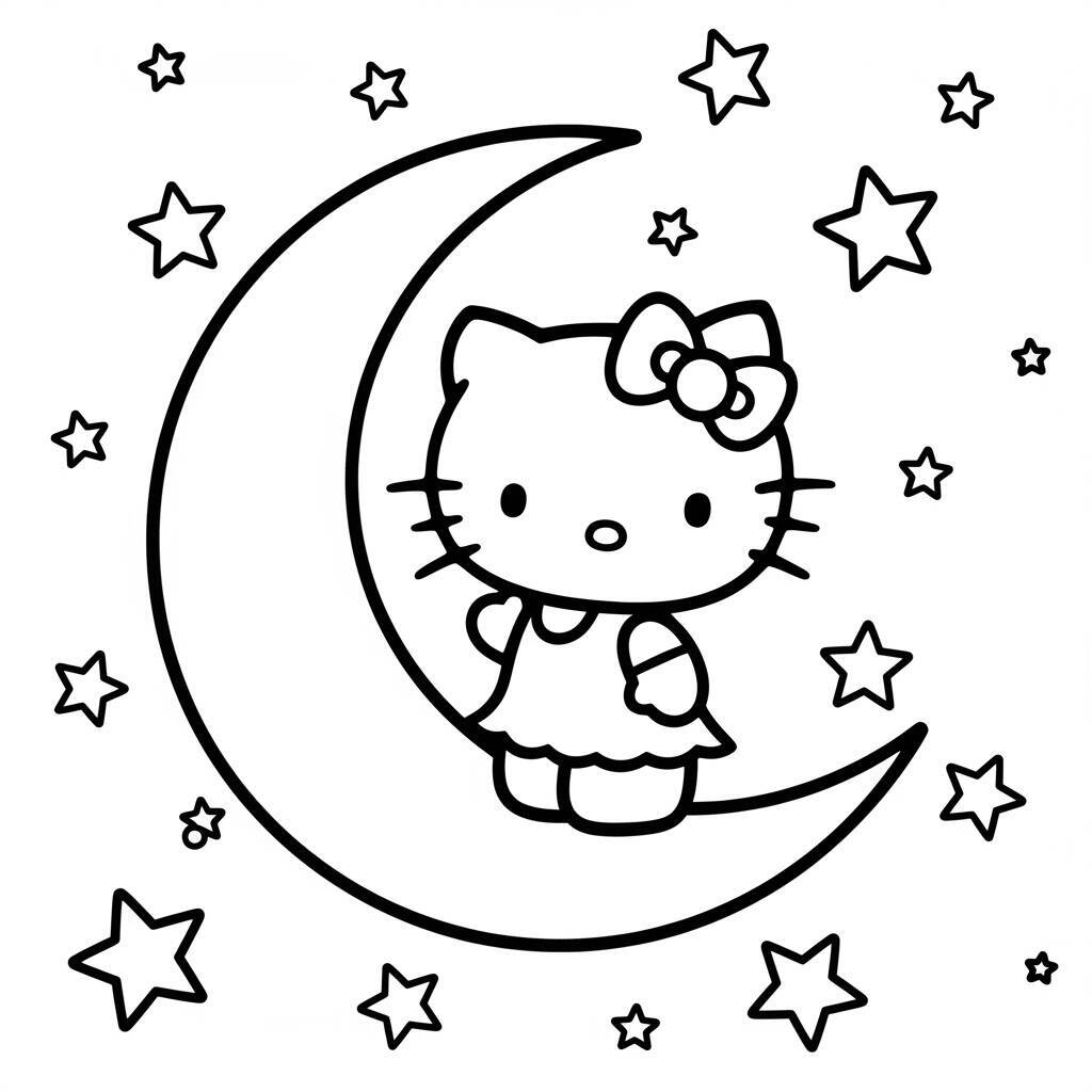 Hello Kitty sentada em uma lua com estrelas ao redor para colorir