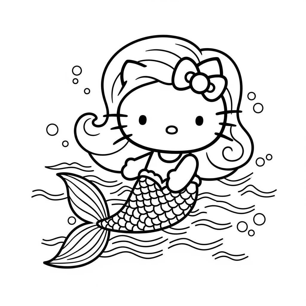 Desenho de Hello Kitty como sereia para colorir