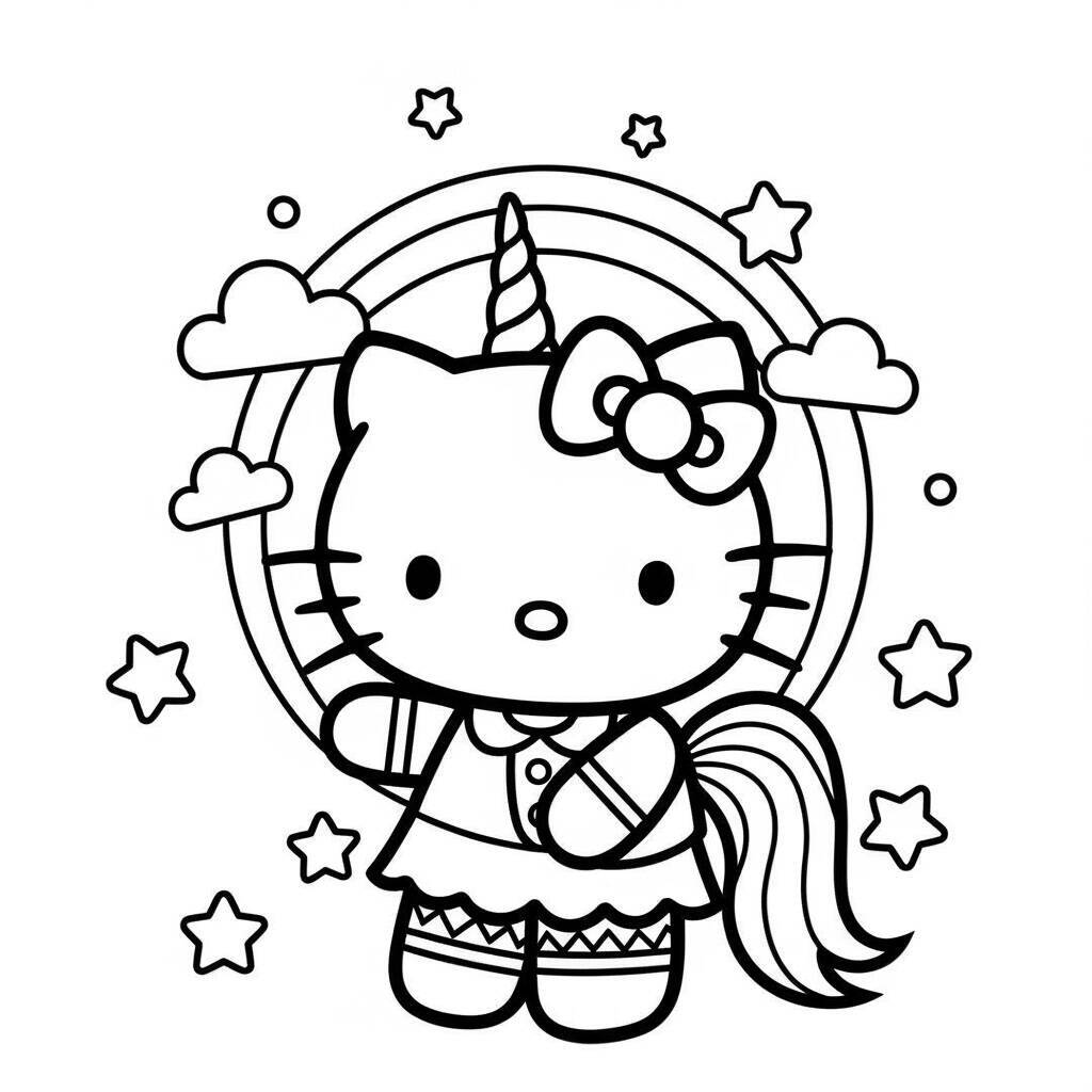 Imagem de Hello Kitty vestida como unicórnio com um arco-íris ao fundo para colorir.