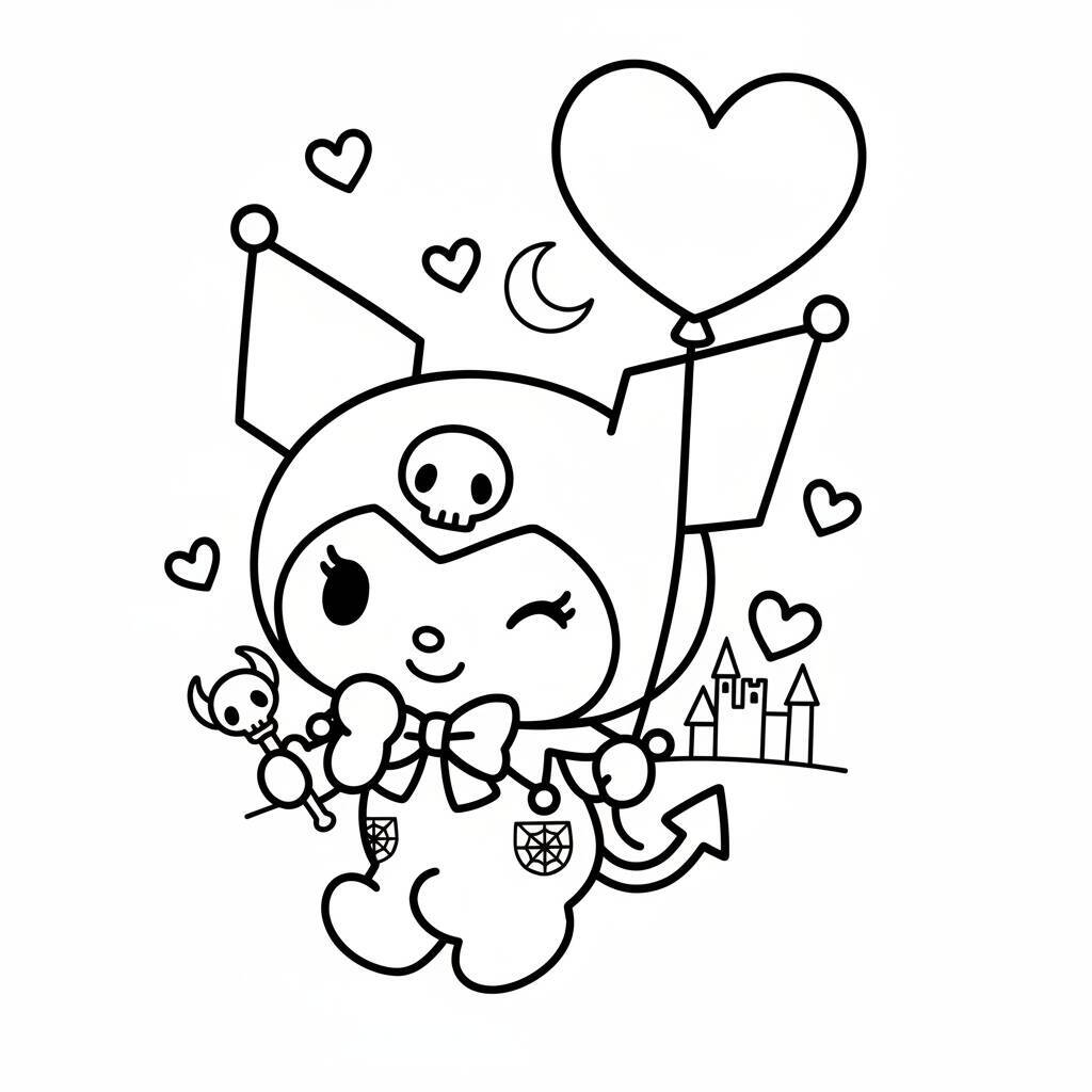 Desenho da Kuromi segurando um balão em forma de coração