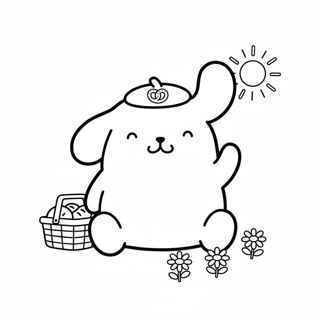Desenho da Kuromi com chapéu de abóbora e cesta de flores para colorir