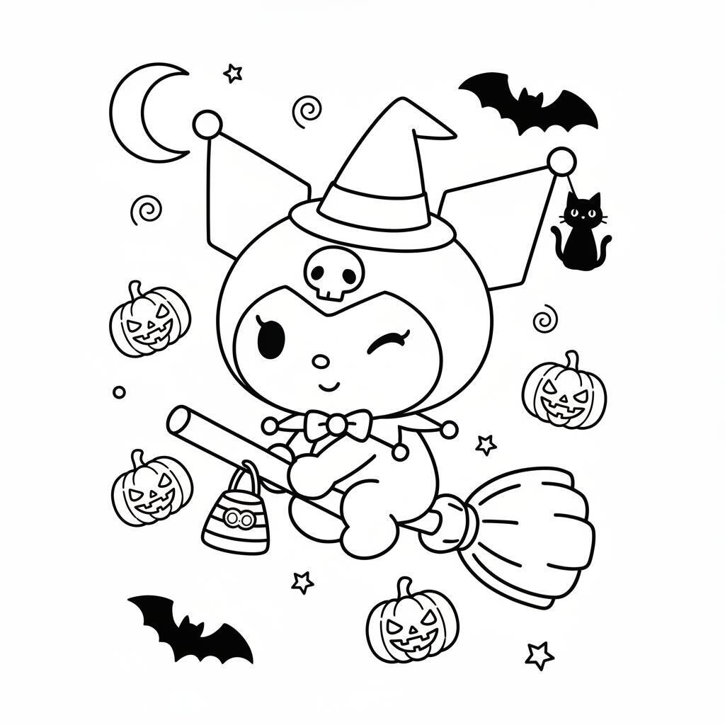 Desenho da Kuromi em uma vassoura com abóboras e morcegos para colorir