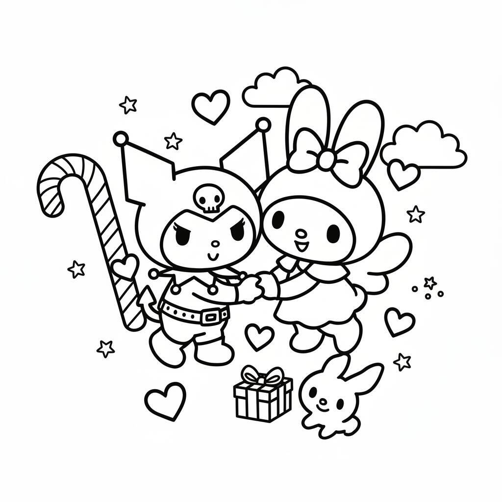 Desenho da Kuromi e My Melody segurando presentes e cercados por corações e estrelas.