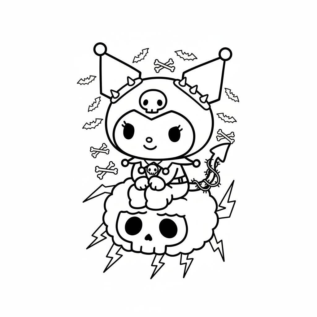Desenho da Kuromi vestida de palhaço com caveira e elementos de Halloween para colorir.