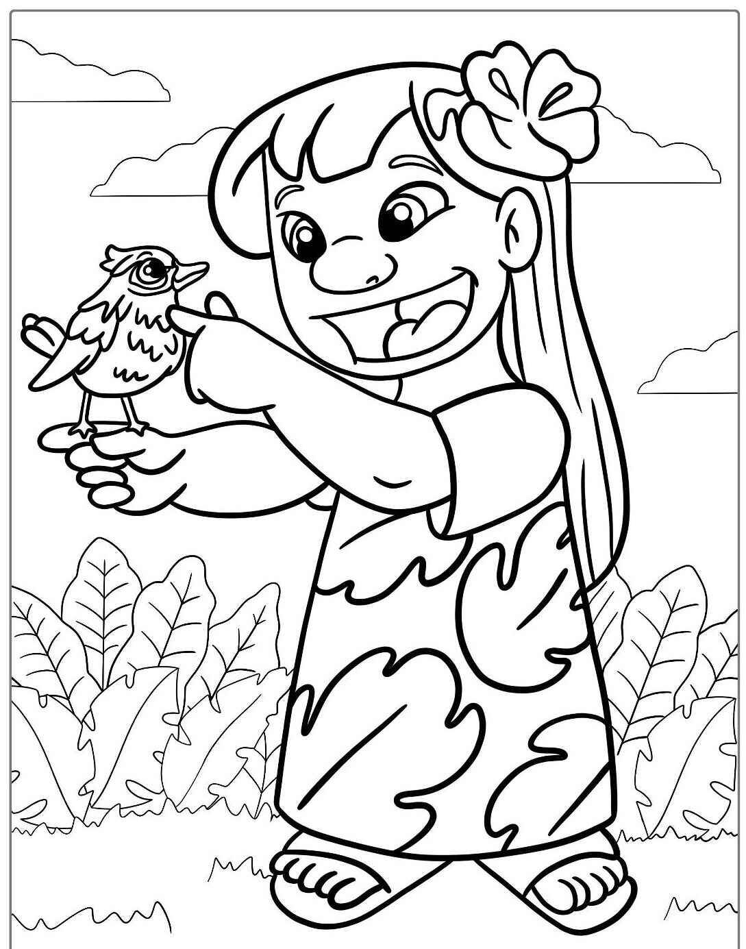 Imagem para colorir da Lilo segurando um pássaro.
