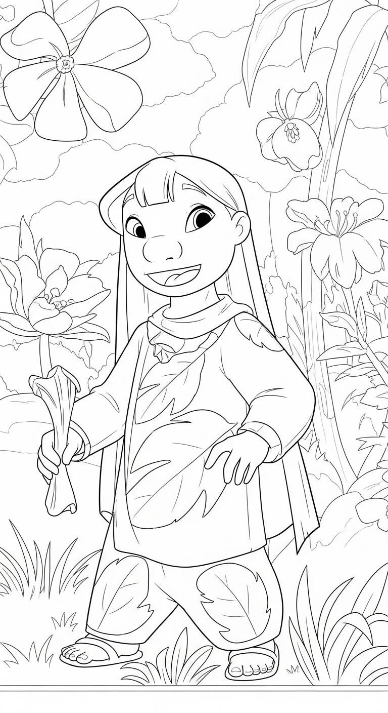 Imagem para colorir da Lilo em um jardim com flores ao redor.
