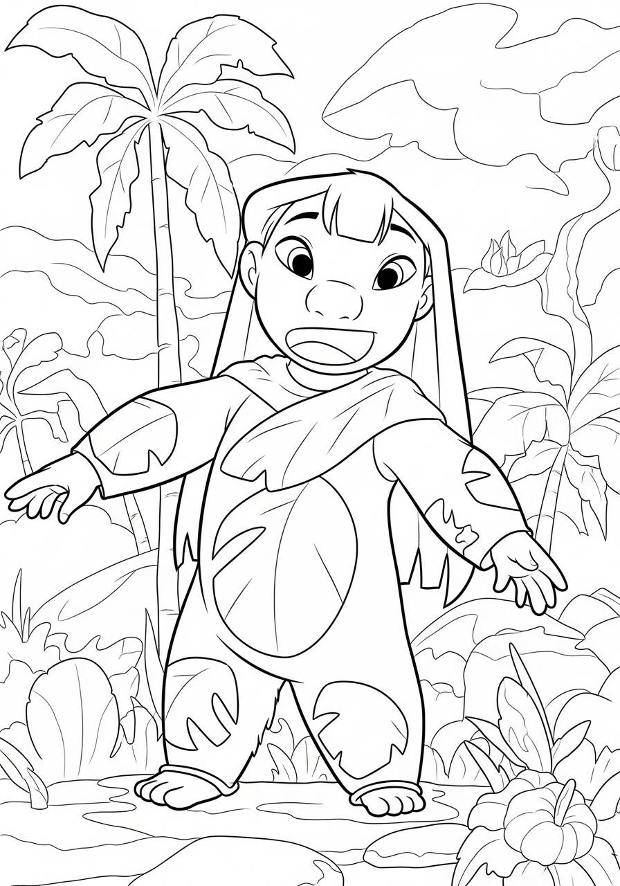 Imagem para colorir da Lilo em uma floresta tropical.