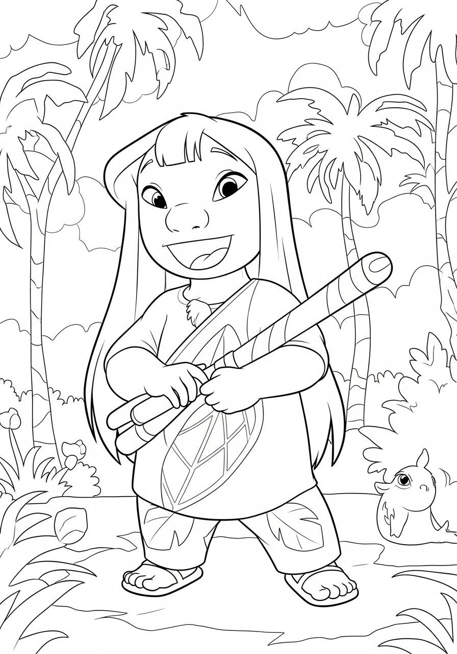 Imagem para colorir da Lilo segurando um bastão na praia com um pássaro ao lado.