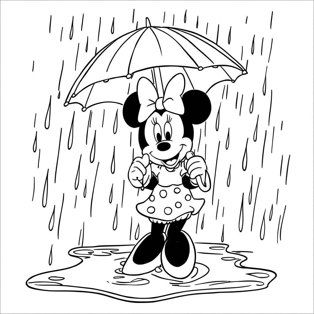 Minnie Mouse segurando um guarda-chuva na chuva para colorir