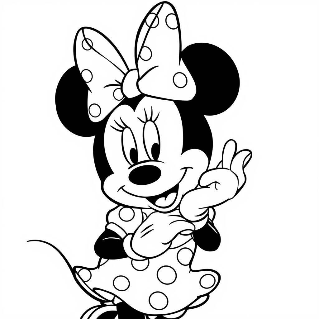 Imagem para colorir da Minnie Mouse sorrindo com um laço grande na cabeça.
