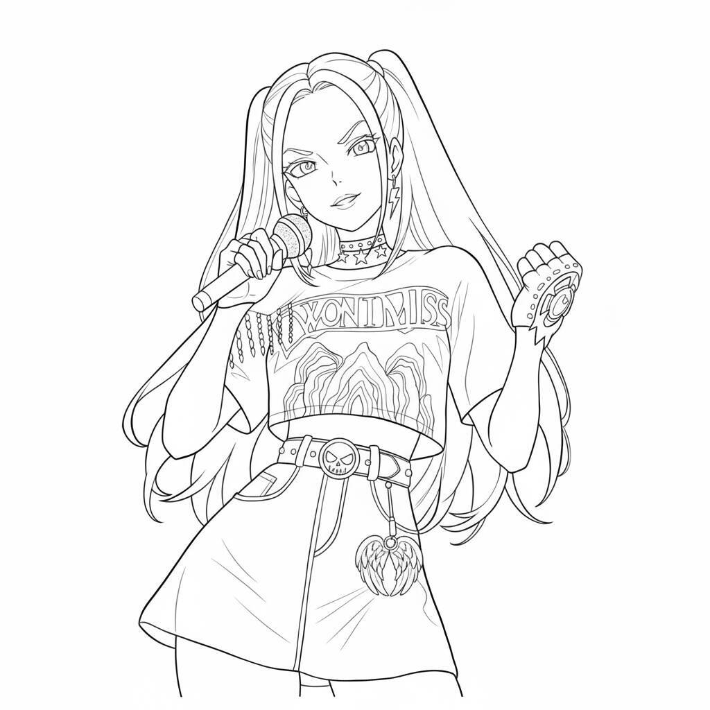 Desenho para colorir de Mira das Caçadoras de Demônios K-Pop segurando um microfone.
