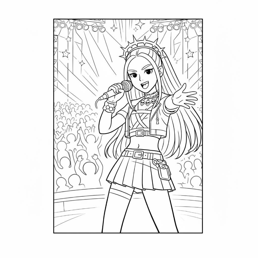 Ilustração para colorir de Mira, uma caçadora de demônios K-Pop, cantando no palco.