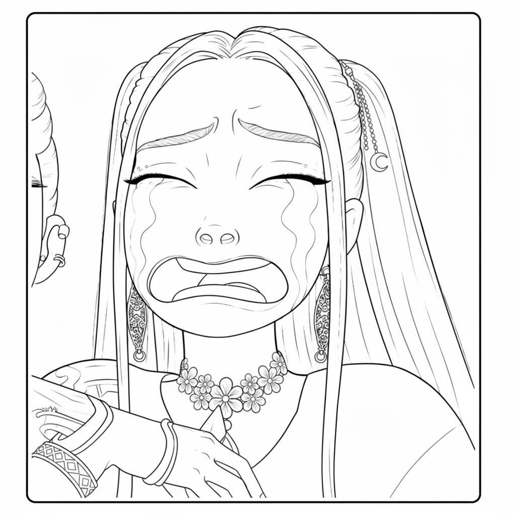 Imagem para colorir de Mira, personagem de Caçadoras de Demônios K-Pop, chorando.