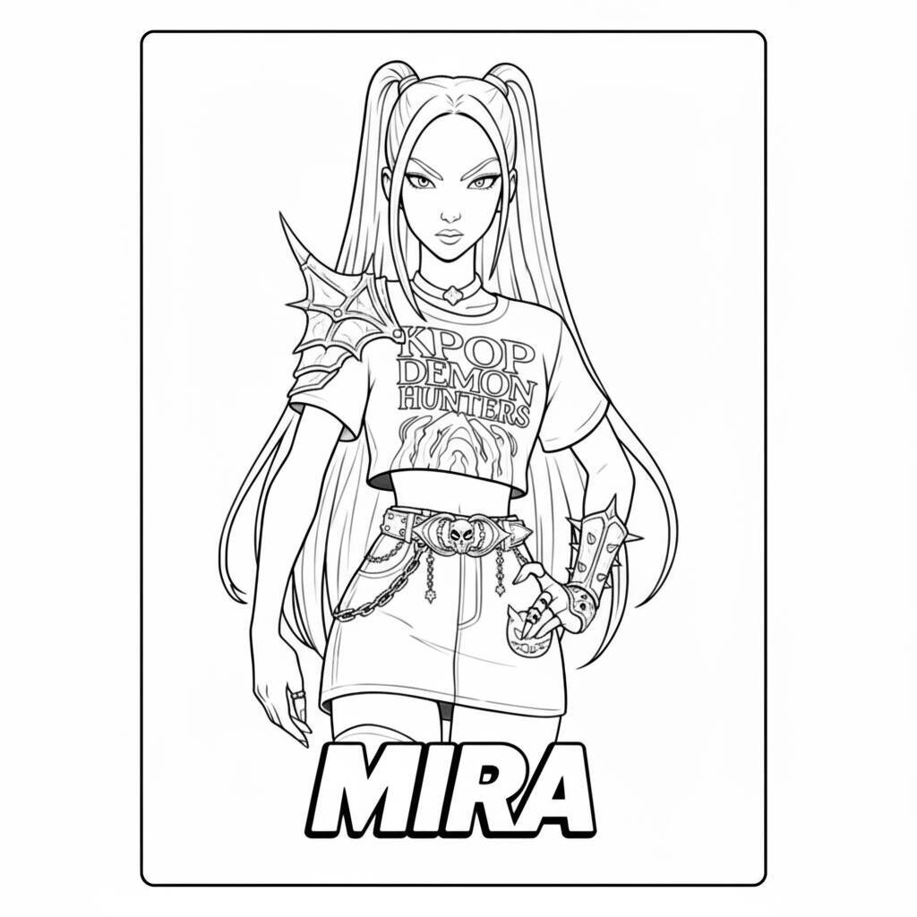 Imagem para colorir de Mira das Caçadoras de Demônios K-Pop com asa de dragão.