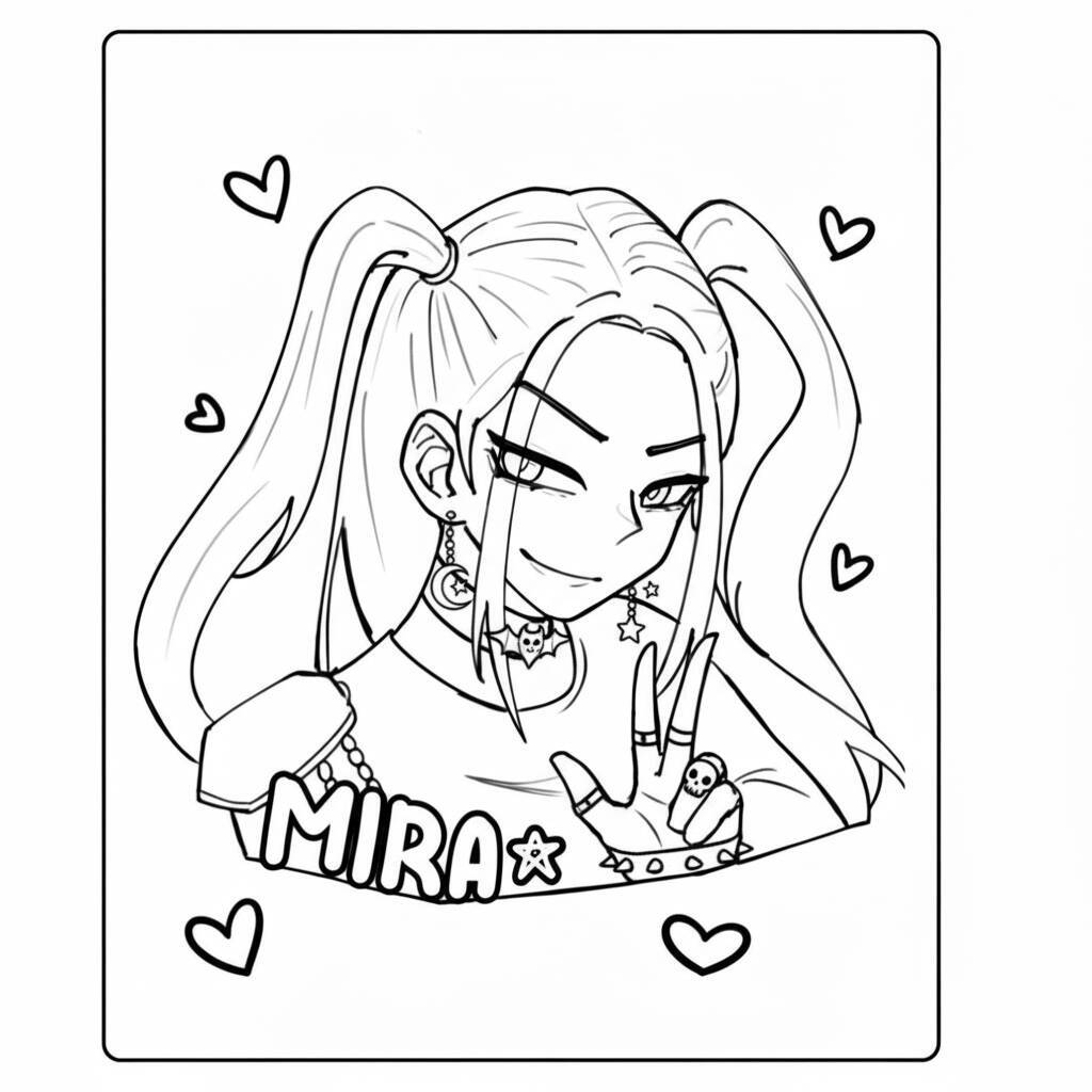 Desenho para colorir de Mira, personagem de Caçadoras de Demônios K-Pop, com cabelo estiloso e acessórios.