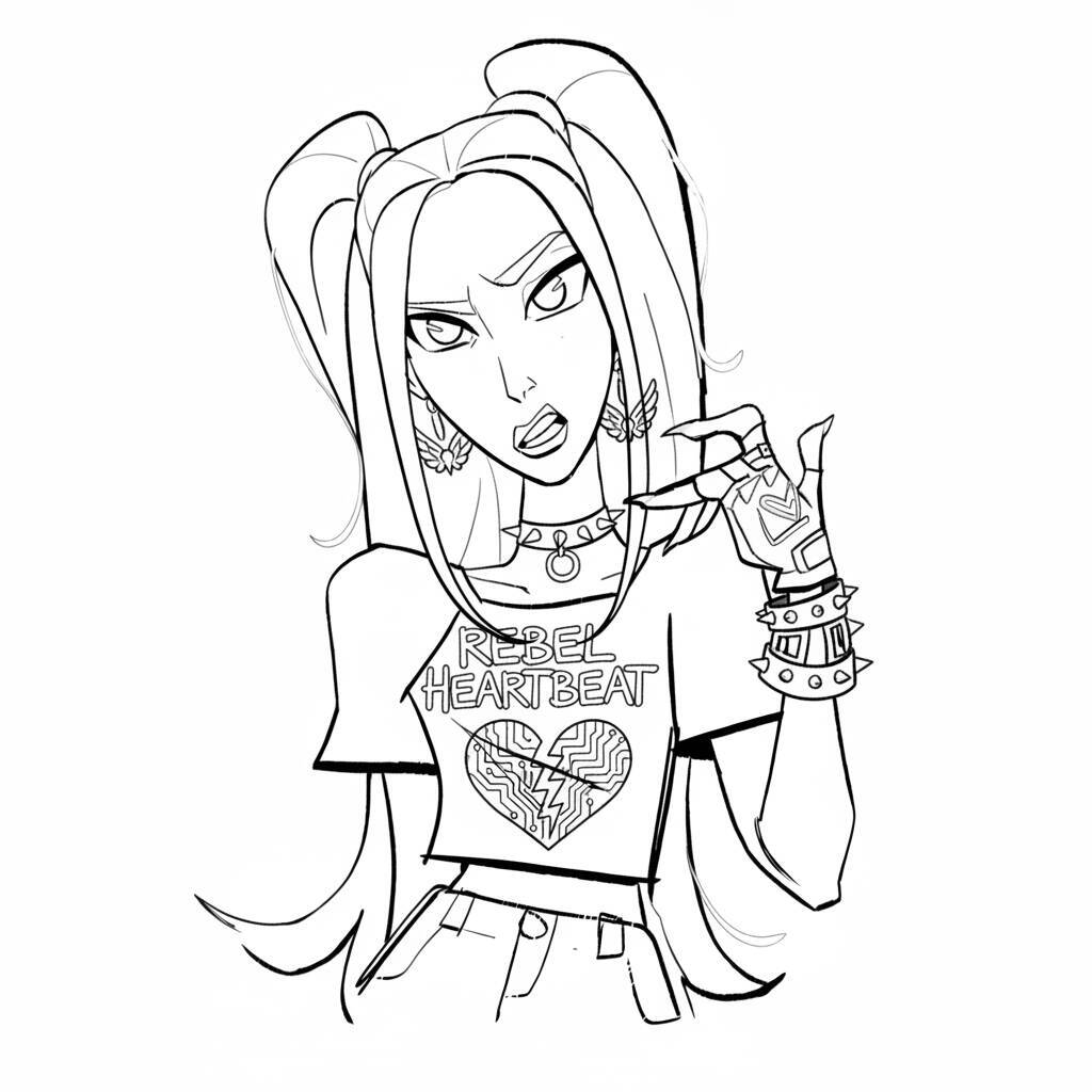 Imagem para colorir da personagem Mira das Caçadoras de Demônios K-Pop usando uma camiseta Rebel Heartbeat.