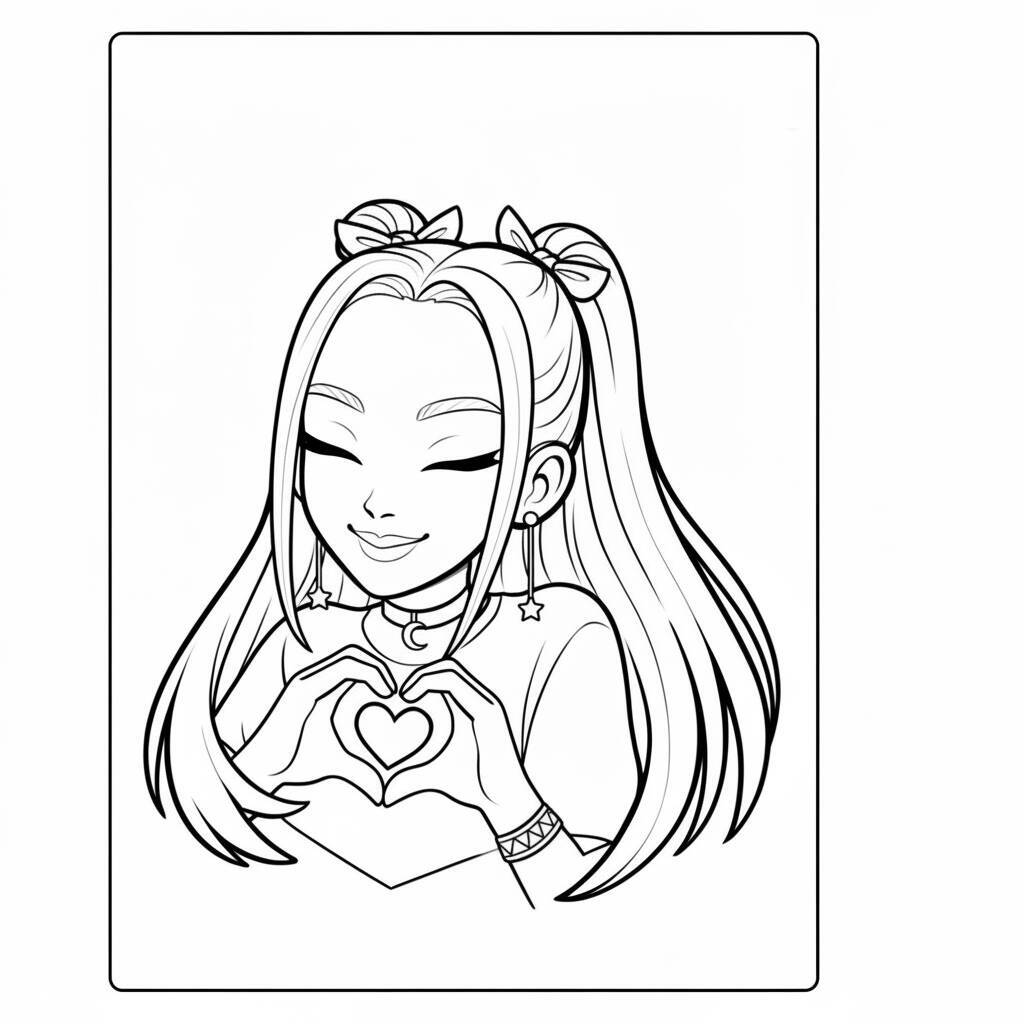 Desenho para colorir de Mira, personagem de Caçadoras de Demônios K-Pop, fazendo um coração com as mãos.